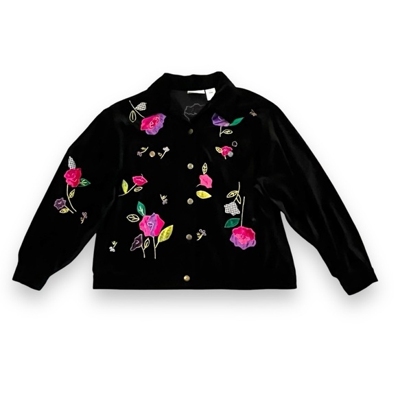 Vintage Susan Bristol Jacket Black Velvet Embroidered Beaded Flowers Size Large - Picture 3 of 10